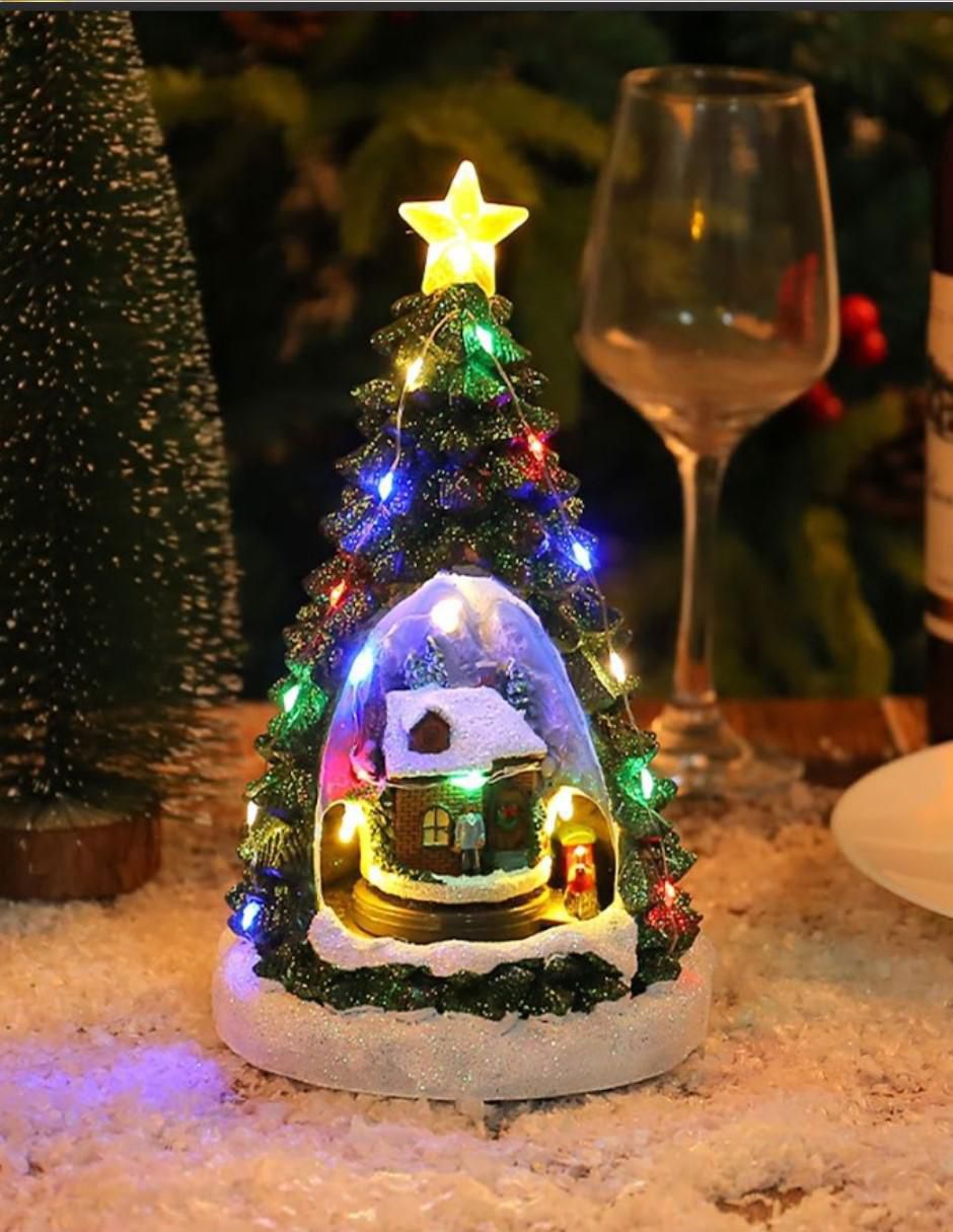 Figura decorativa navideña Pino Con Villa Musical Navideña de resina 5