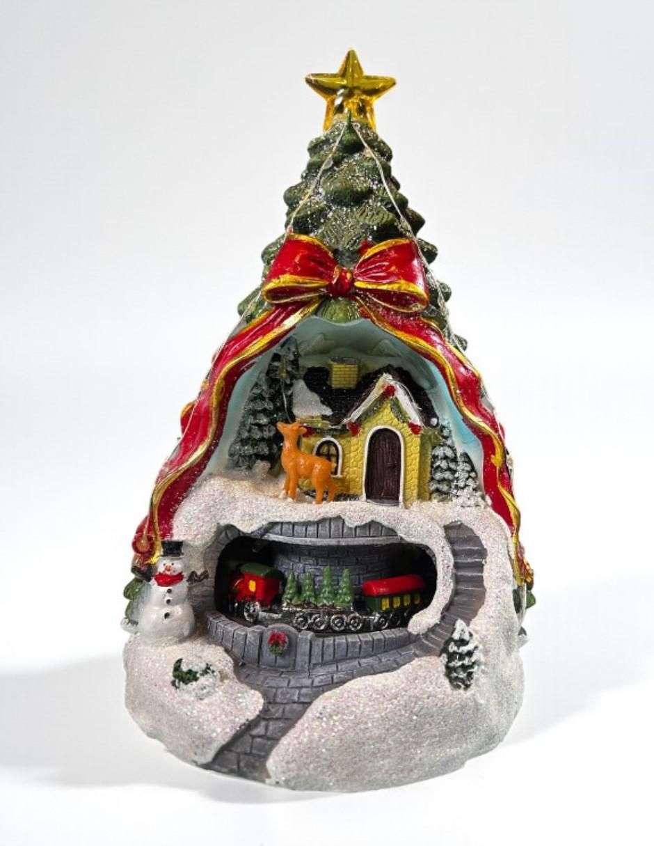 Figura decorativa navideña Navideña Pino Con Casa Y Tren de resina