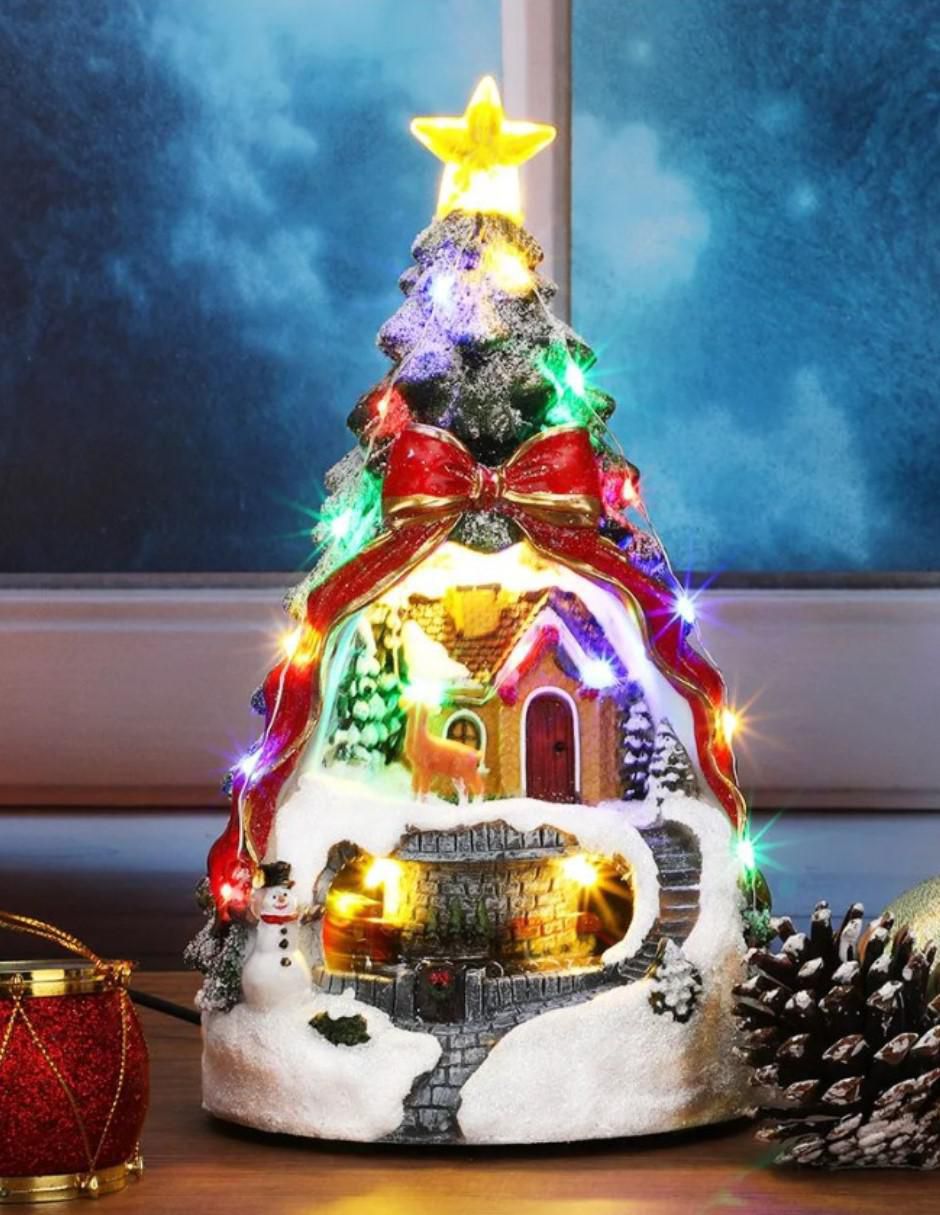 Figura decorativa navideña Navideña Pino Con Casa Y Tren de resina 5