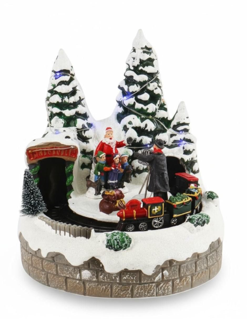 Figura decorativa navideña Santa Claus Con Tren Giratorio de resina Figura decorativa navideña Santa Claus Con Tren Giratorio de resina