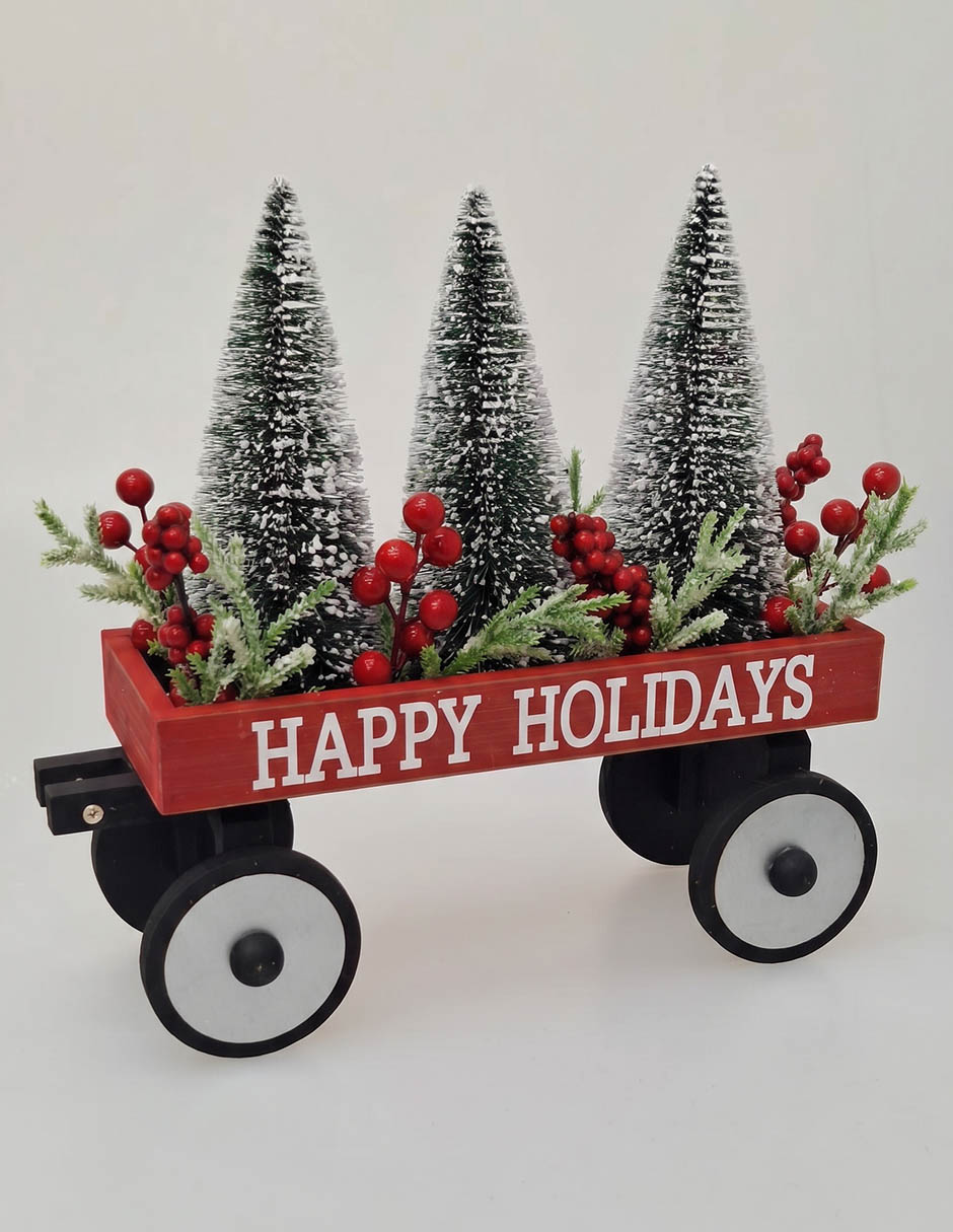 Figura decorativa navideña de carrito con pinos 1