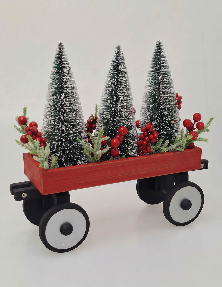 Figura decorativa navideña de carrito con pinos 2