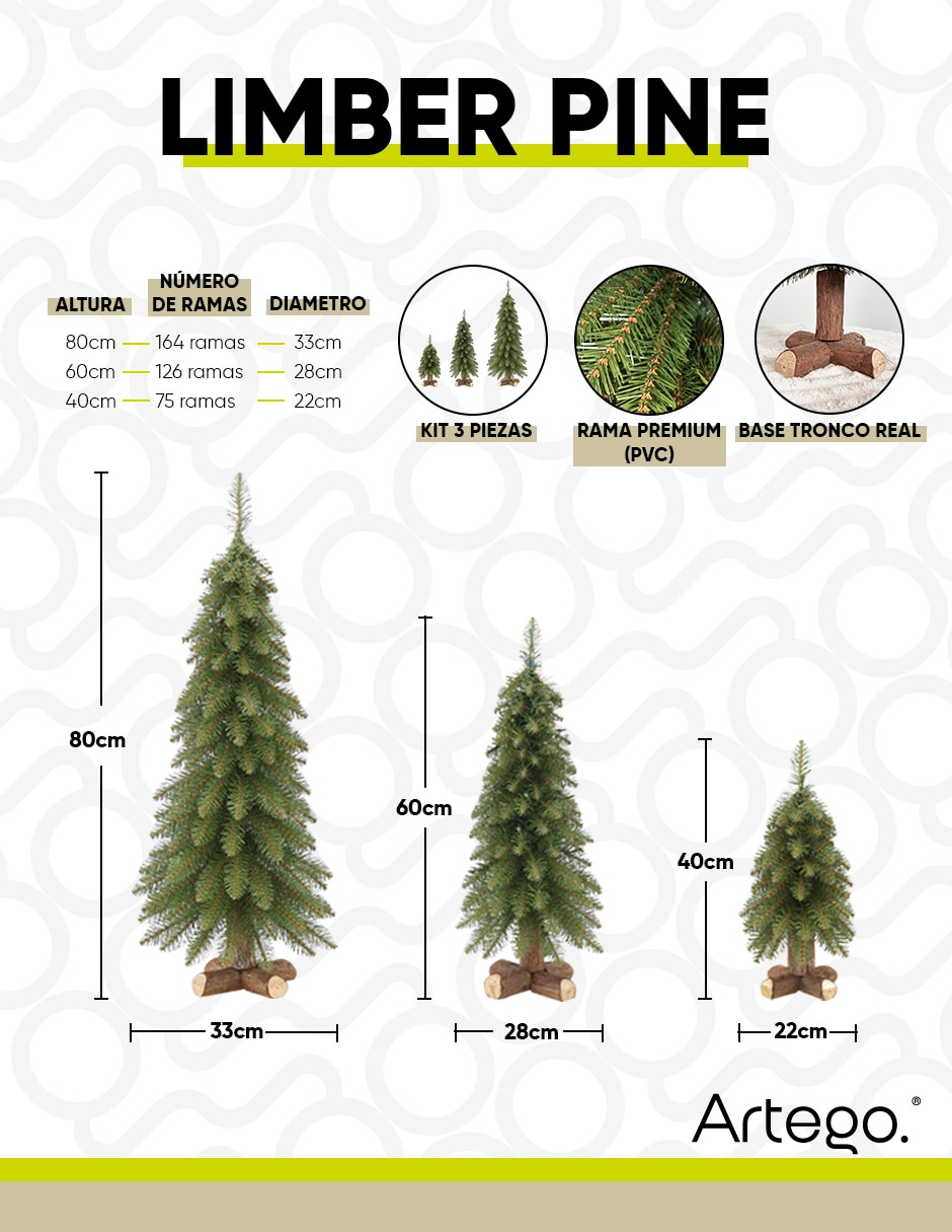 Árbol de navidad limber pine set de 3 piezas estilo natural de pvc 7