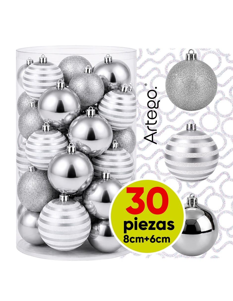 Set de esfera navideña línea glitter 3 acabados glitter brillante y cromada con 30 piezas 1