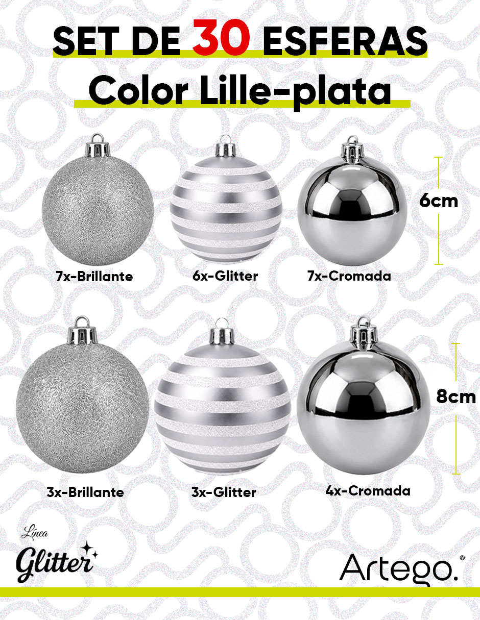 Set de esfera navideña línea glitter 3 acabados glitter brillante y cromada con 30 piezas 6