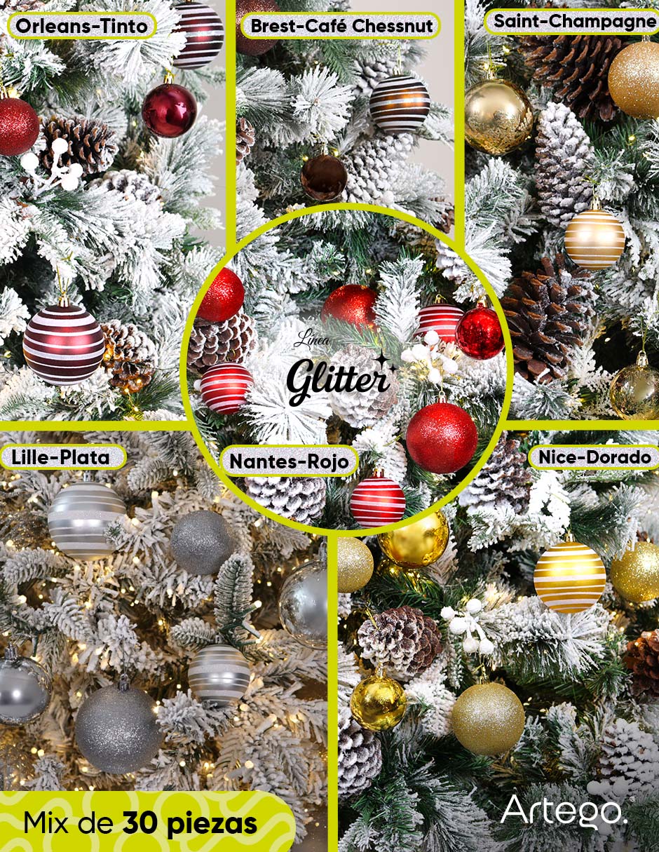 Set de esfera navideña línea glitter 3 acabados glitter brillante y cromada con 30 piezas 2