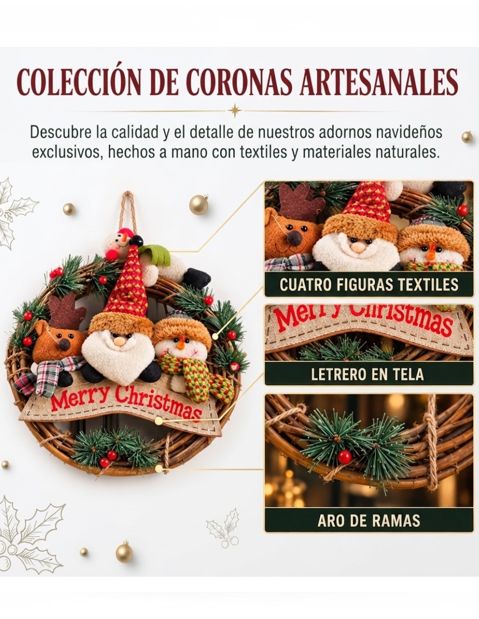 Corona navideña Corona Navideña "Merry Christmas" con Muñecos Navideños 3