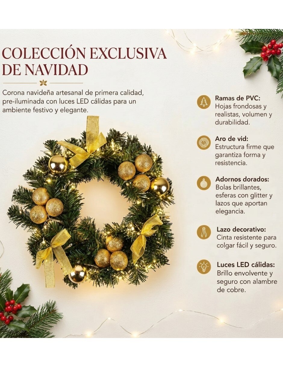 Corona navideña Decoraciones Navideñas en Tono Dorado 4