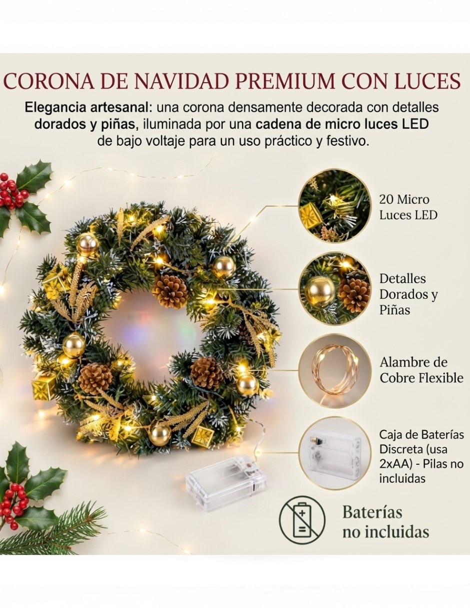 Corona navideña Corona Navideña con Decoraciones en Tono Dorado 3