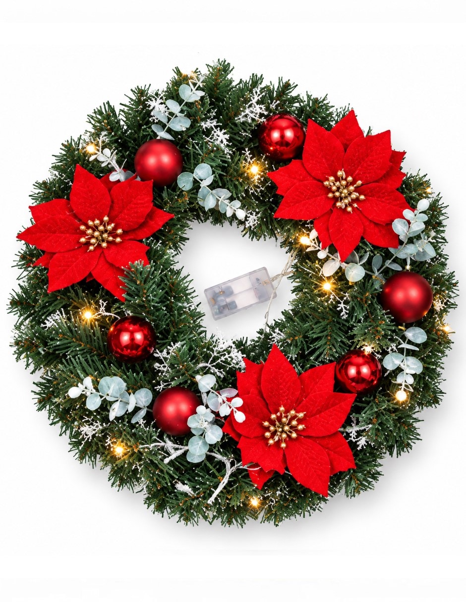 Corona navideña Corona Navideña con Flor de Noche Buena Corona navideña Corona Navideña con Flor de Noche Buena