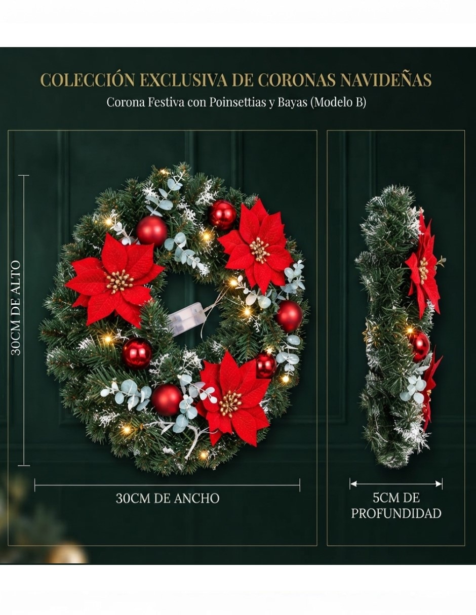 Corona navideña Corona Navideña con Flor de Noche Buena 6