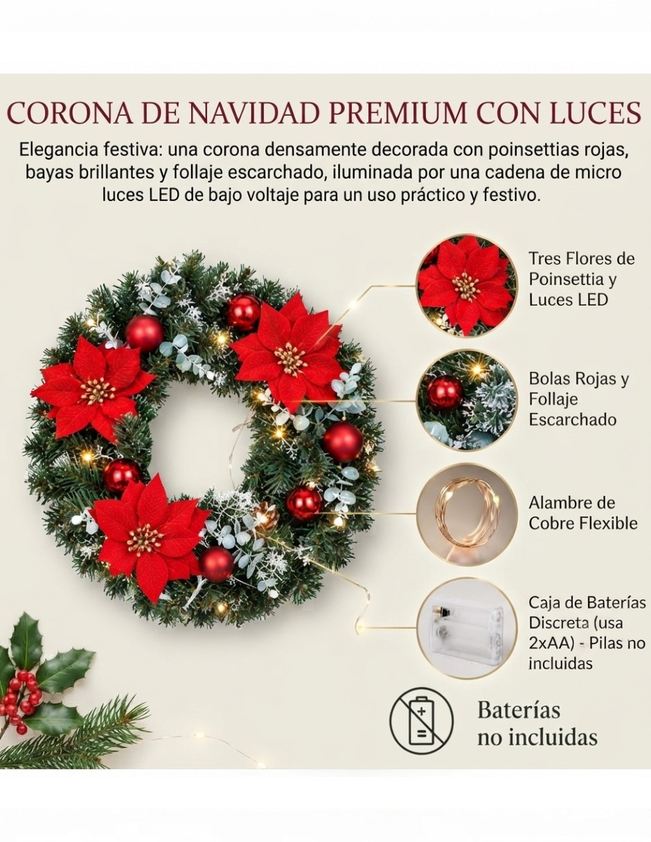 Corona navideña Corona Navideña con Flor de Noche Buena 3
